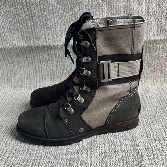 SOREL MAJOR CARLY Lace Up Leather Canvas Boot 8 Black Gray USED - Picture 3 of 12